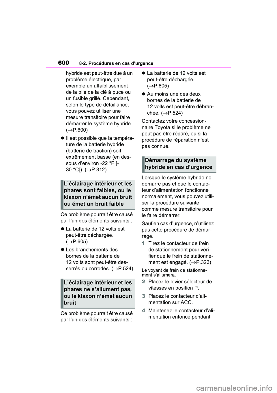 TOYOTA RAV4 PRIME 2021  Manuel du propriétaire (in French) 6008-2. Procédures en cas d’urgence
hybride est peut-être due à un 
problème électrique, par 
exemple un affaiblissement 
de la pile de la clé à puce ou 
un fusible grillé. Cependant, 
selon TOYOTA RAV4 PRIME 2021  Manuel du propriétaire (in French) 6008-2. Procédures en cas d’urgence
hybride est peut-être due à un 
problème électrique, par 
exemple un affaiblissement 
de la pile de la clé à puce ou 
un fusible grillé. Cependant, 
selon