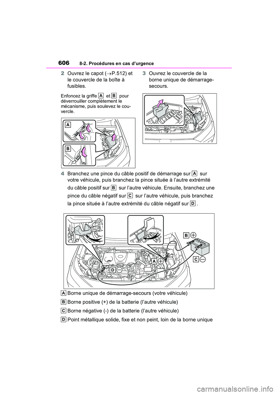 TOYOTA RAV4 PRIME 2021  Manuel du propriétaire (in French) 6068-2. Procédures en cas d’urgence
2Ouvrez le capot ( P.512) et 
le couvercle de la boîte à 
fusibles.
Enfoncez la griffe   et   pour 
déverrouiller complètement le 
mécanisme, puis soulev TOYOTA RAV4 PRIME 2021  Manuel du propriétaire (in French) 6068-2. Procédures en cas d’urgence
2Ouvrez le capot ( P.512) et 
le couvercle de la boîte à 
fusibles.
Enfoncez la griffe   et   pour 
déverrouiller complètement le 
mécanisme, puis soulev