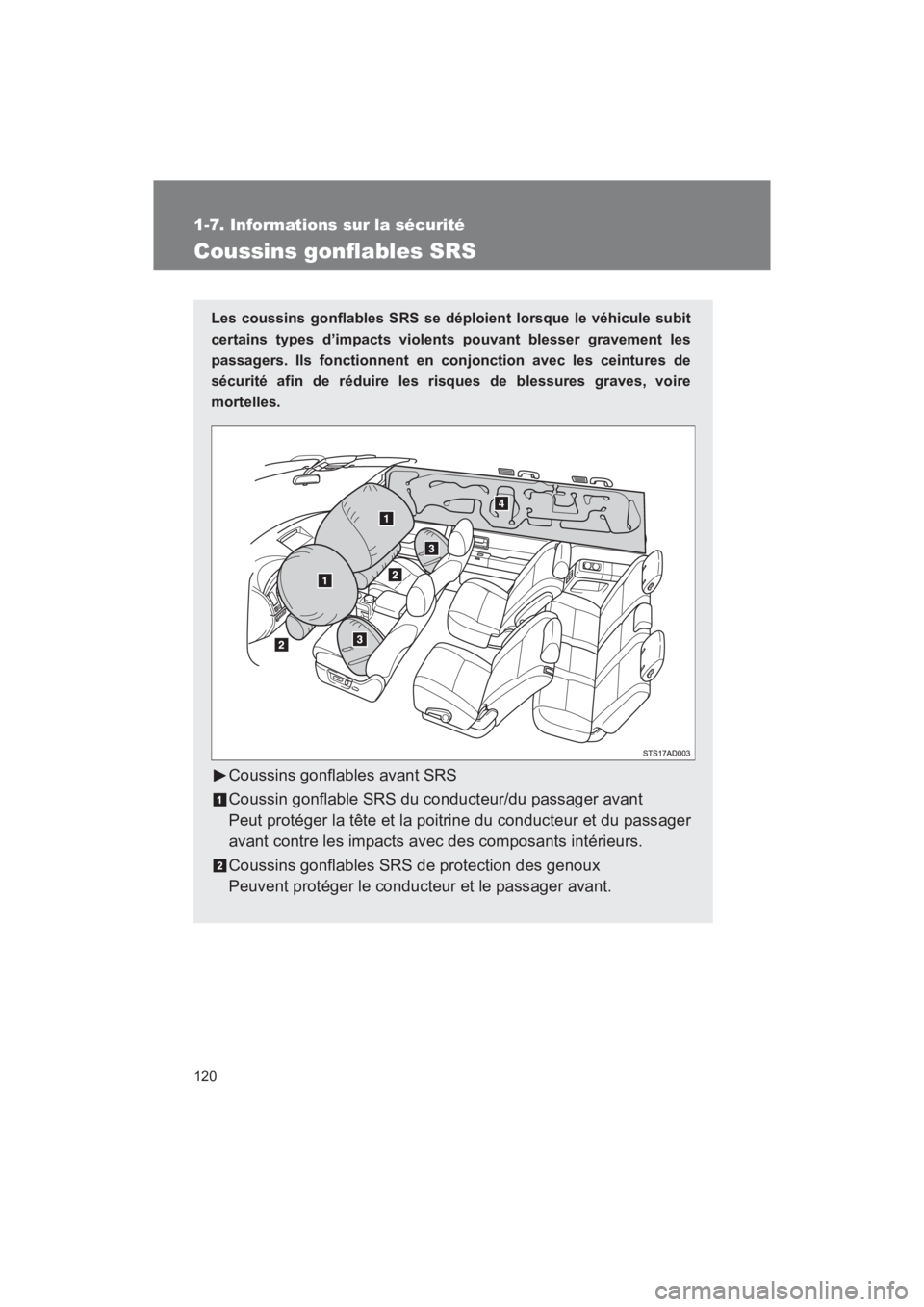 TOYOTA SEQUOIA 2017 Manuel du propriétaire (in French) 120
1-7. Informations sur la sécurité
SEQUOIA_D_OM34598D_17MY
Coussins gonflables SRS
Les coussins gonflables SRS se déploient lorsque le véhicule subit
certains types d’impacts violents pouvan TOYOTA SEQUOIA 2017 Manuel du propriétaire (in French) 120
1-7. Informations sur la sécurité
SEQUOIA_D_OM34598D_17MY
Coussins gonflables SRS
Les coussins gonflables SRS se déploient lorsque le véhicule subit
certains types d’impacts violents pouvan