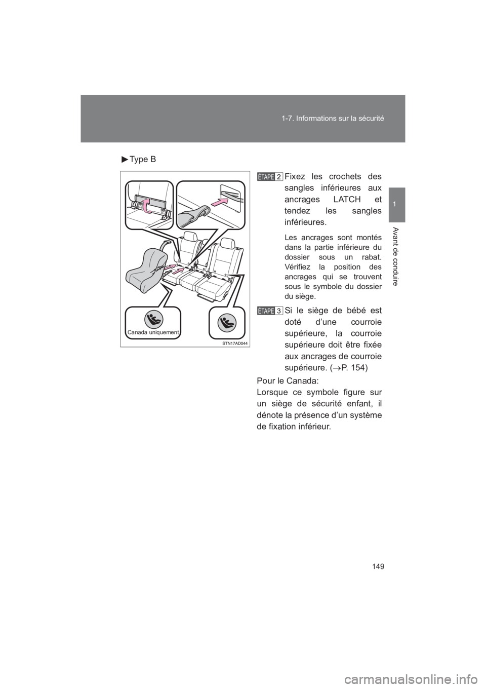 TOYOTA SEQUOIA 2017 Manuel du propriétaire (in French) 149
1-7. Informations sur la sécurité
1
Avant de conduire
SEQUOIA_D_OM34598D_17MY
Type B
Fixez les crochets des
sangles inférieures aux
ancrages LATCH et
tendez les sangles
inférieures.
Les TOYOTA SEQUOIA 2017 Manuel du propriétaire (in French) 149
1-7. Informations sur la sécurité
1
Avant de conduire
SEQUOIA_D_OM34598D_17MY
Type B
Fixez les crochets des
sangles inférieures aux
ancrages LATCH et
tendez les sangles
inférieures.
Les