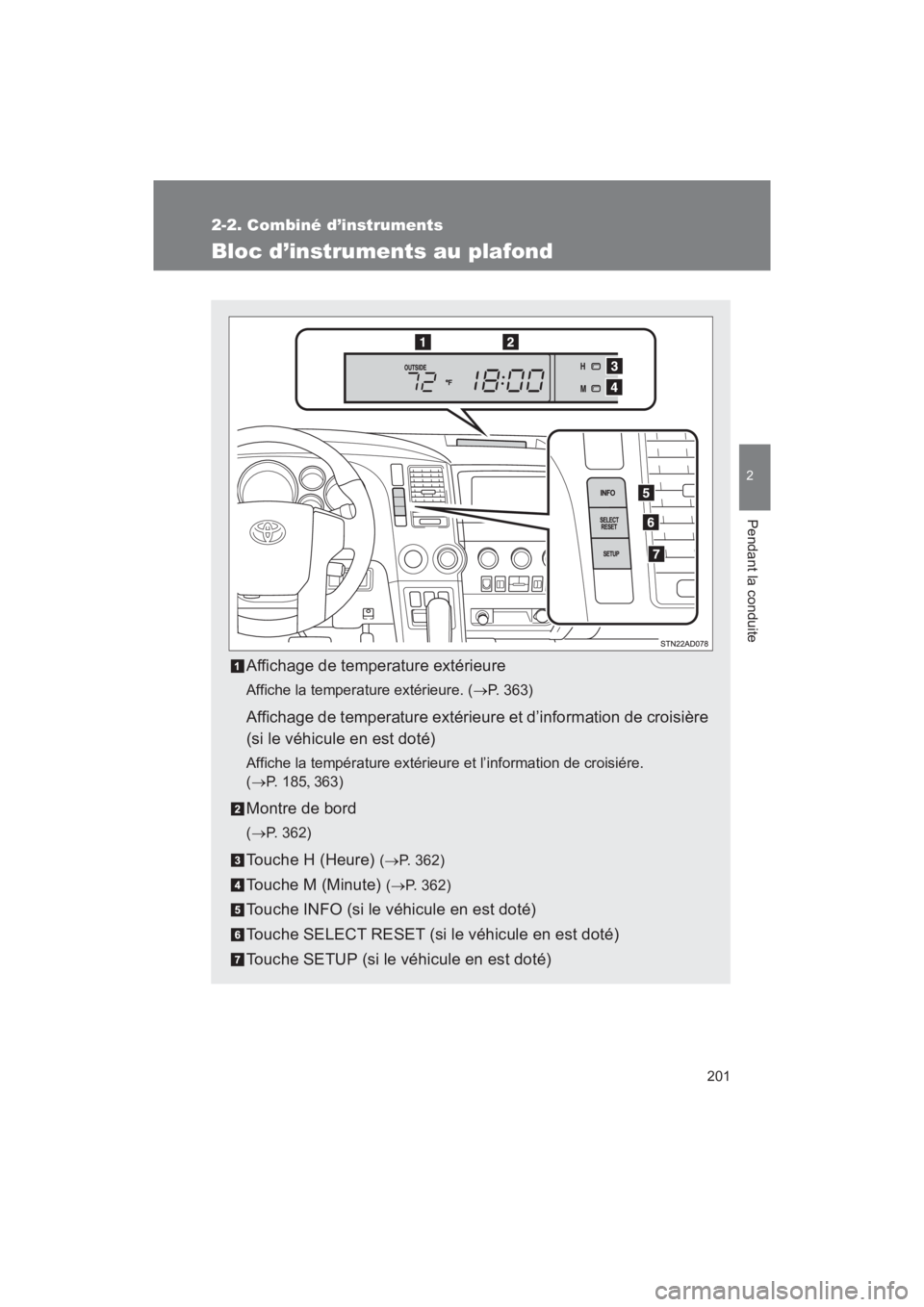TOYOTA SEQUOIA 2017  Manuel du propriétaire (in French) 201
2-2. Combiné d’instruments
2
Pendant la conduite
SEQUOIA_D_OM34598D_17MY
Bloc d’instruments au plafond
Affichage de temperature extérieure
Affiche la temperature extérieure. (P. 363)
Aff