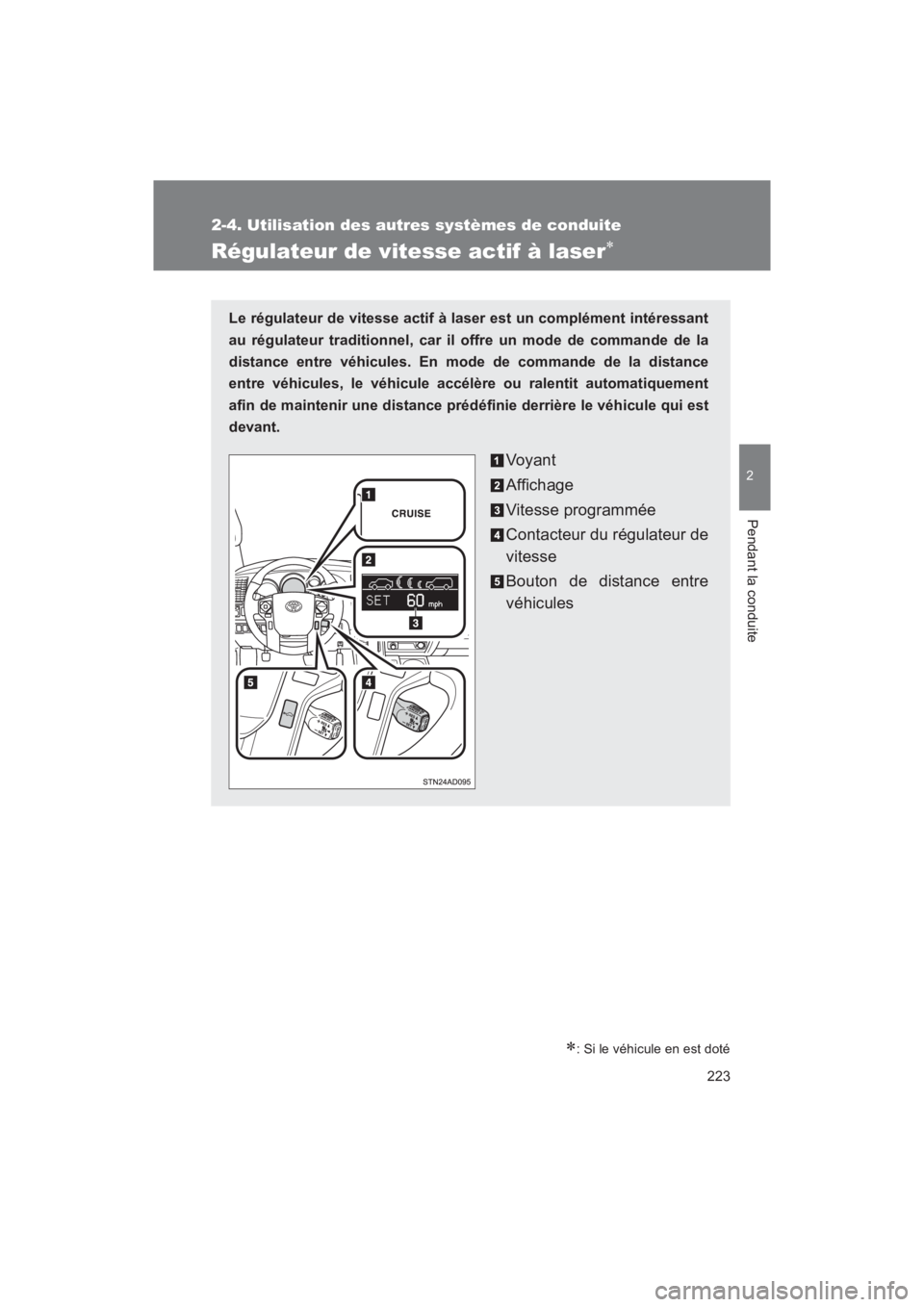 TOYOTA SEQUOIA 2017  Manuel du propriétaire (in French) 223
2-4. Utilisation des autres systèmes de conduite
2
Pendant la conduite
SEQUOIA_D_OM34598D_17MY
Régulateur de vitesse actif à laser
: Si le véhicule en est doté
Le régulateur de vitesse