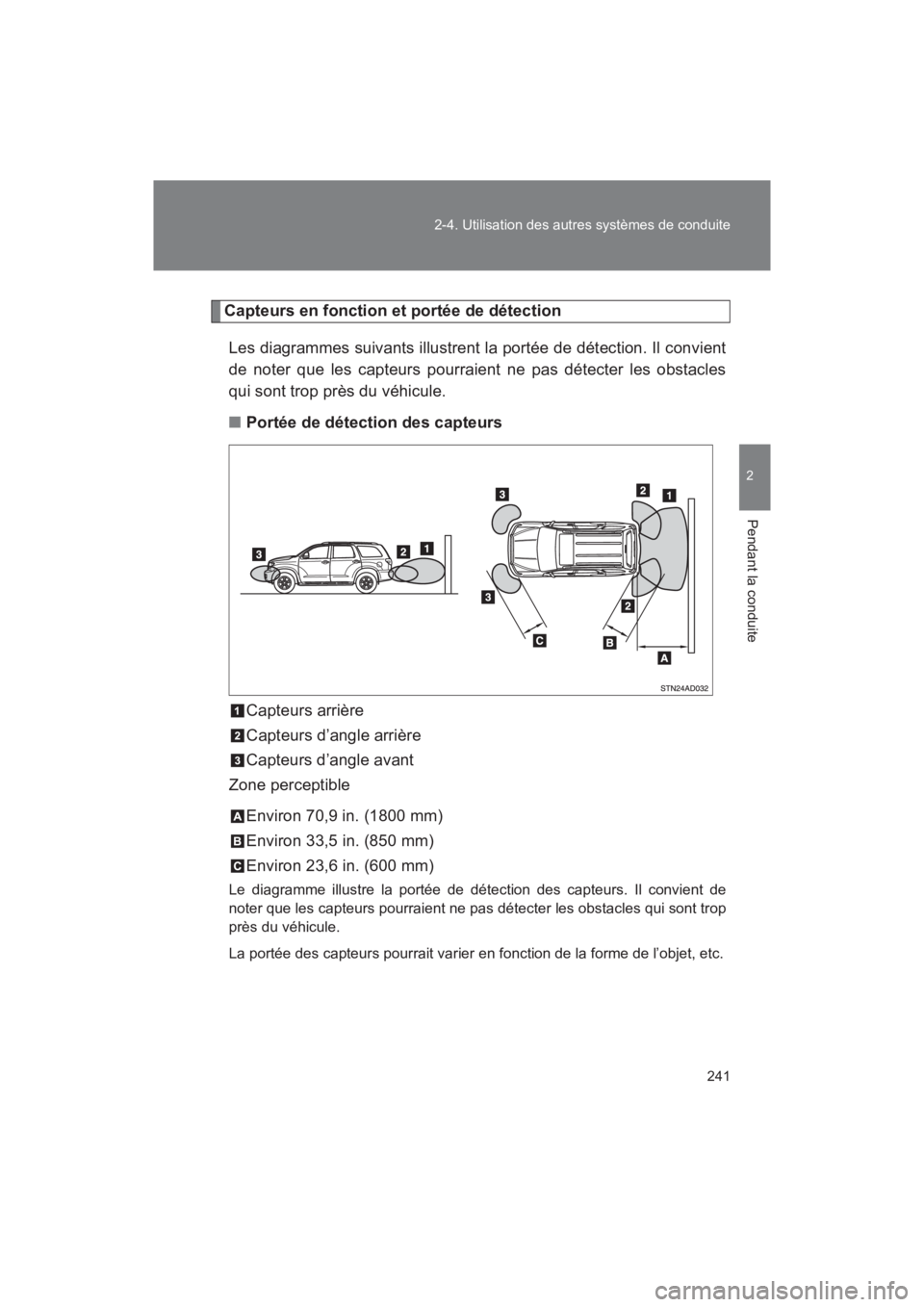 TOYOTA SEQUOIA 2017  Manuel du propriétaire (in French) 241 
2-4. Utilisation des autres systèmes de conduite
2
Pendant la conduite
SEQUOIA_D_OM34598D_17MY
Capteurs en fonction et portée de détection 
Les diagrammes suivants illustrent la portée de dé