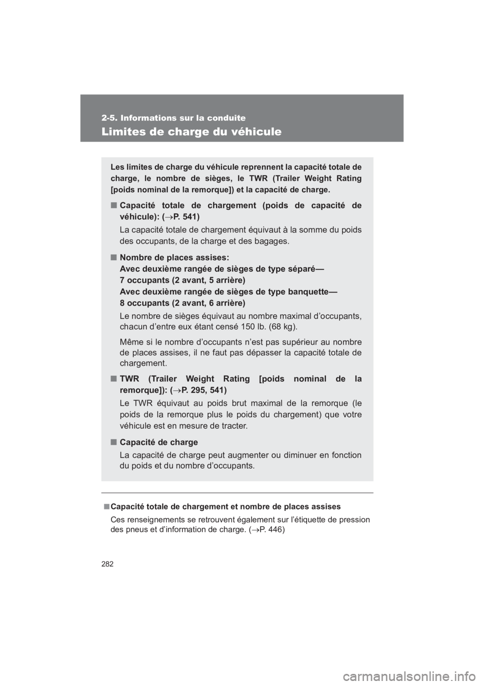 TOYOTA SEQUOIA 2017  Manuel du propriétaire (in French) 282
2-5. Informations sur la conduite
SEQUOIA_D_OM34598D_17MY
Limites de charge du véhicule
■Capacité totale de chargement et nombre de places assises 
Ces renseignements se retrouvent également 