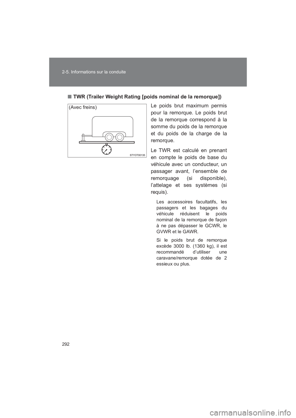 TOYOTA SEQUOIA 2017  Manuel du propriétaire (in French) 292 
2-5. Informations sur la conduite
SEQUOIA_D_OM34598D_17MY 
■ TWR (Trailer Weight Rating [poids nominal de la remorque]) 
Le poids brut maximum permis 
pour la remorque. Le poids brut
de la remo