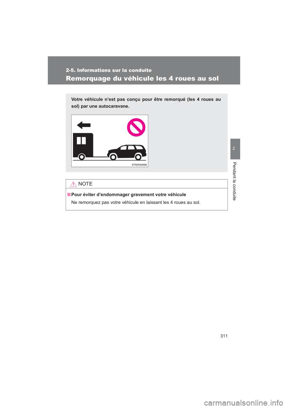 TOYOTA SEQUOIA 2017 Manuel du propriétaire (in French) 311
2-5. Informations sur la conduite
2
Pendant la conduite
SEQUOIA_D_OM34598D_17MY
Remorquage du véhicule les 4 roues au sol
NOTE
■Pour éviter d’endommager gravement votre véhicule
Ne remorqu TOYOTA SEQUOIA 2017 Manuel du propriétaire (in French) 311
2-5. Informations sur la conduite
2
Pendant la conduite
SEQUOIA_D_OM34598D_17MY
Remorquage du véhicule les 4 roues au sol
NOTE
■Pour éviter d’endommager gravement votre véhicule
Ne remorqu