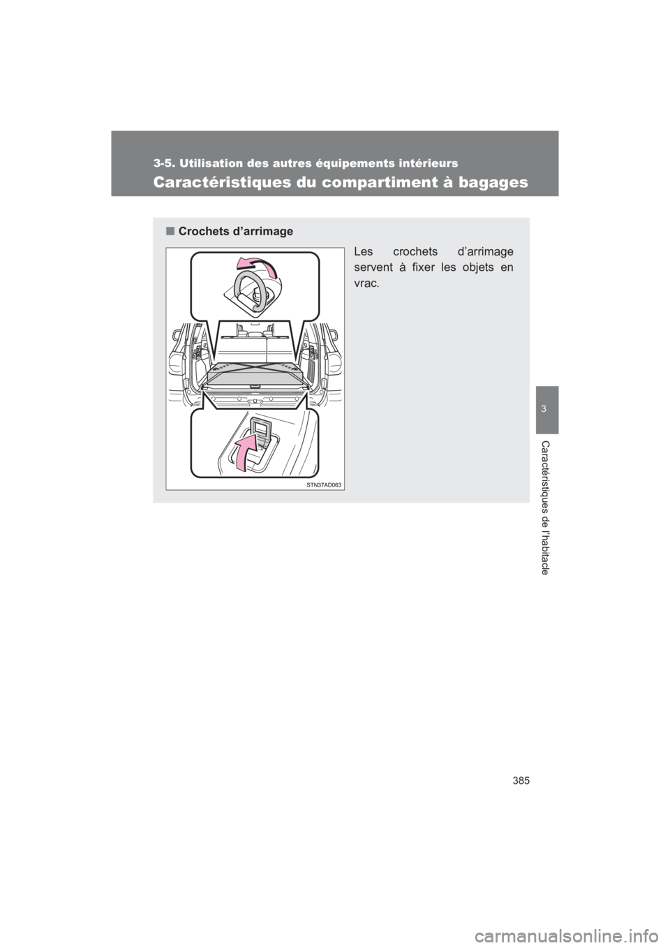 TOYOTA SEQUOIA 2017  Manuel du propriétaire (in French) 385
3-5. Utilisation des autres équipements intérieurs
3
Caractéristiques de l’habitacle
SEQUOIA_D_OM34598D_17MY
Caractéristiques du compartiment à bagages
■Crochets d’arrimage 
Les crochet