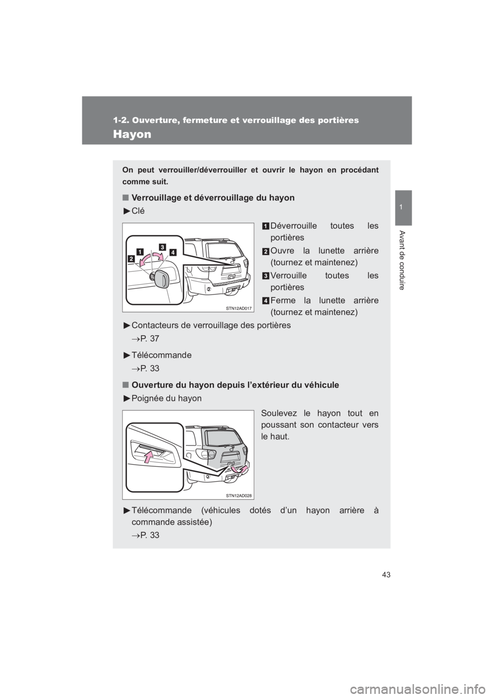 TOYOTA SEQUOIA 2017  Manuel du propriétaire (in French) 43
1
1-2. Ouverture, fermeture et verrouillage des portières
Avant de conduire
SEQUOIA_D_OM34598D_17MY
Hayon
On peut verrouiller/déverrouiller et ouvrir le hayon en procédant 
comme suit. 
■ Verr