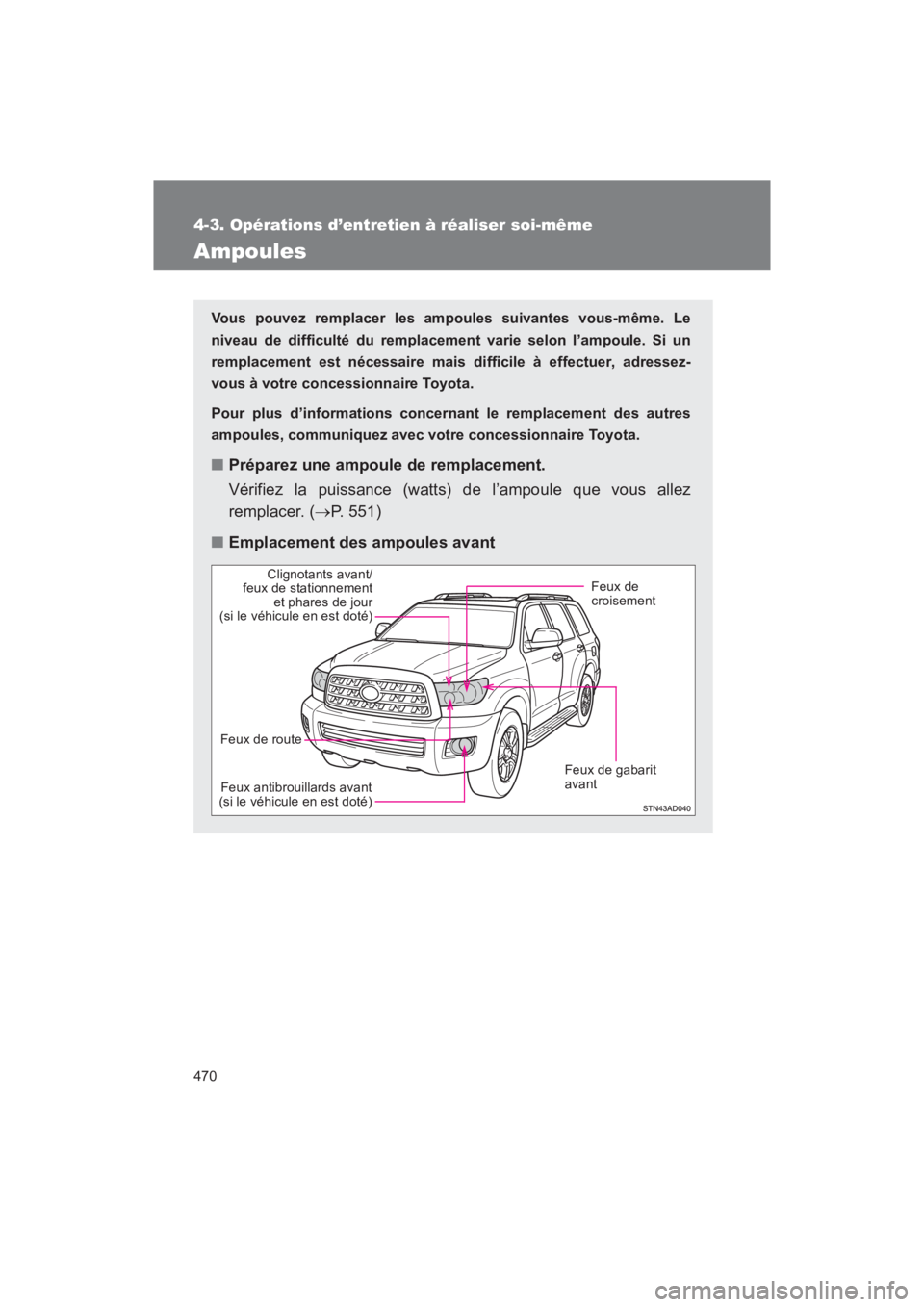 TOYOTA SEQUOIA 2017  Manuel du propriétaire (in French) 470
4-3. Opérations d’entretien à réaliser soi-même
SEQUOIA_D_OM34598D_17MY
Ampoules
Vous pouvez remplacer les ampoules suivantes vous-même. Le 
niveau de difficulté du remplacement varie selo