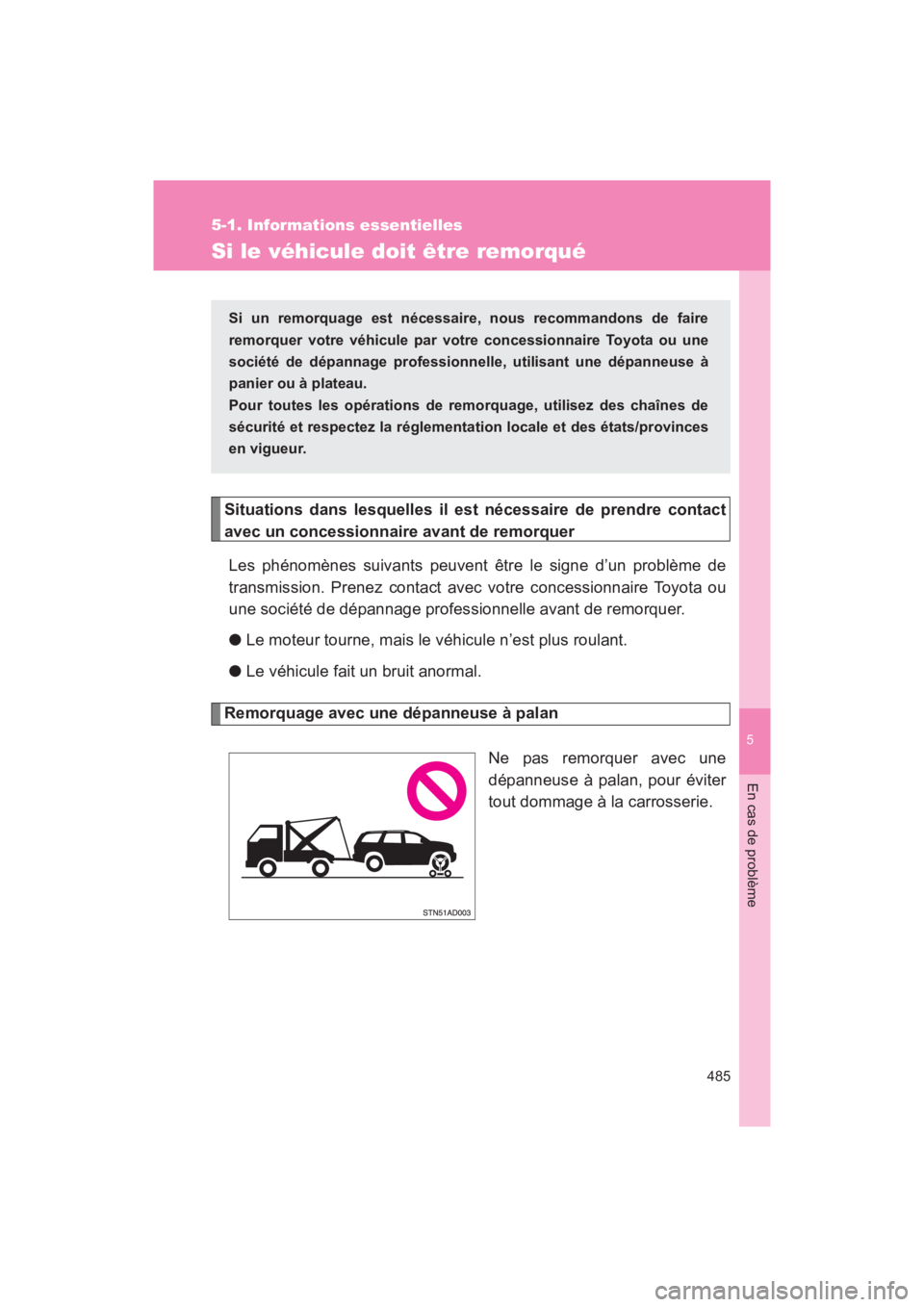TOYOTA SEQUOIA 2017 Manuel du propriétaire (in French) 5
En cas de problème
485
5-1. Informations essentielles
SEQUOIA_D_OM34598D_17MY
Si le véhicule doit être remorqué
Situations dans lesquelles il est nécessaire de prendre contact
avec un concessi TOYOTA SEQUOIA 2017 Manuel du propriétaire (in French) 5
En cas de problème
485
5-1. Informations essentielles
SEQUOIA_D_OM34598D_17MY
Si le véhicule doit être remorqué
Situations dans lesquelles il est nécessaire de prendre contact
avec un concessi