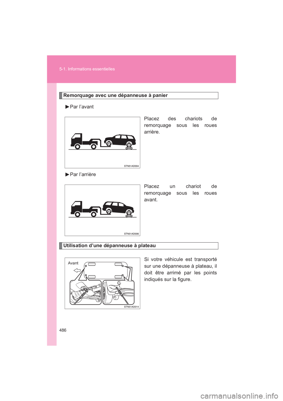 TOYOTA SEQUOIA 2017 Manuel du propriétaire (in French) 486
5-1. Informations essentielles
SEQUOIA_D_OM34598D_17MY
Remorquage avec une dépanneuse à panier
Par l’avant
Placez des chariots de
remorquage sous les roues
arrière.
Par l’arrière
Pl TOYOTA SEQUOIA 2017 Manuel du propriétaire (in French) 486
5-1. Informations essentielles
SEQUOIA_D_OM34598D_17MY
Remorquage avec une dépanneuse à panier
Par l’avant
Placez des chariots de
remorquage sous les roues
arrière.
Par l’arrière
Pl