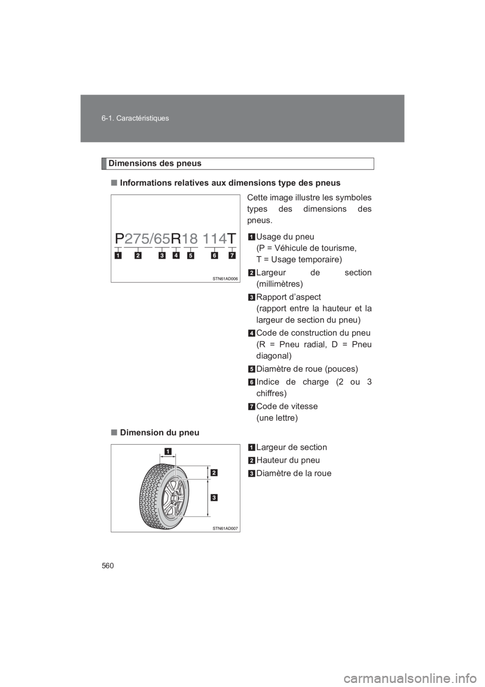 TOYOTA SEQUOIA 2017  Manuel du propriétaire (in French) 560 
6-1. Caractéristiques
SEQUOIA_D_OM34598D_17MY
Dimensions des pneus 
■ Informations relatives aux dimensions type des pneus 
Cette image illustre les symboles 
types des dimensions des 
pneus. 