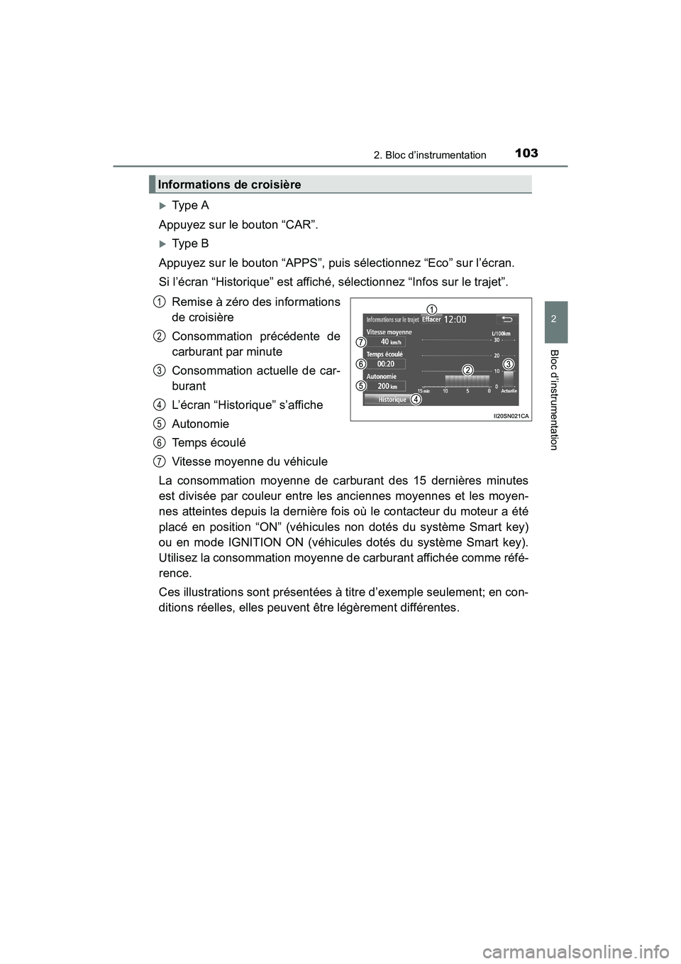 TOYOTA SIENNA 2017  Manuel du propriétaire (in French) SIENNA_OM_OM08007D_(D)
1032. Bloc d’instrumentation
2
Bloc d’instrumentation
�XType A
Appuyez sur le bouton “CAR”.
�XType B
Appuyez sur le bouton “APPS”, puis sélectionnez “Eco” sur l