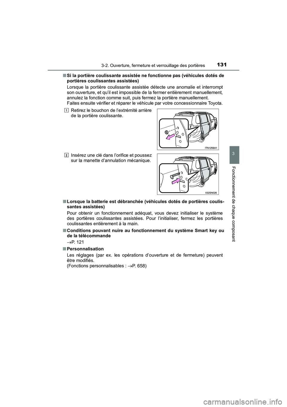 TOYOTA SIENNA 2017 Manuel du propriétaire (in French) SIENNA_OM_OM08007D_(D)
1313-2. Ouverture, fermeture et verrouillage des portières
3
Fonctionnement de chaque composant
■Si la portière coulissante assistée ne fonctionne pas (véhicules dotés de TOYOTA SIENNA 2017 Manuel du propriétaire (in French) SIENNA_OM_OM08007D_(D)
1313-2. Ouverture, fermeture et verrouillage des portières
3
Fonctionnement de chaque composant
■Si la portière coulissante assistée ne fonctionne pas (véhicules dotés de
