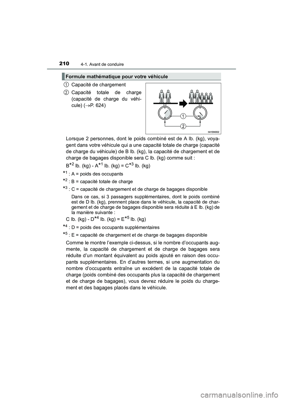 TOYOTA SIENNA 2017 Manuel du propriétaire (in French) 210
SIENNA_OM_OM08007D_(D)
4-1. Avant de conduire
Capacité de chargement
Capacité totale de charge
(capacité de charge du véhi-
cule) (→P. 624)
Lorsque 2 personnes, dont le poids combiné est de TOYOTA SIENNA 2017 Manuel du propriétaire (in French) 210
SIENNA_OM_OM08007D_(D)
4-1. Avant de conduire
Capacité de chargement
Capacité totale de charge
(capacité de charge du véhi-
cule) (→P. 624)
Lorsque 2 personnes, dont le poids combiné est de