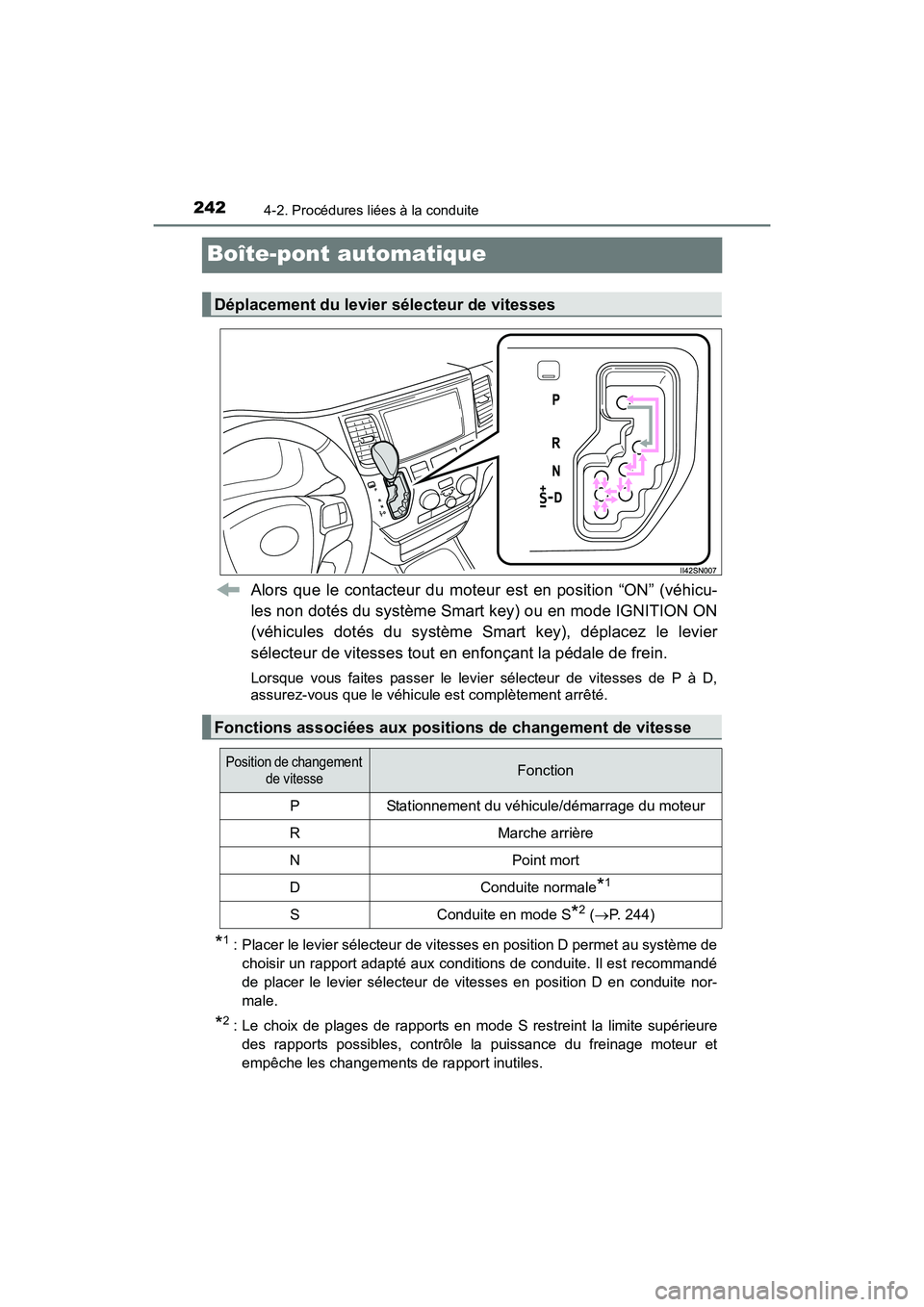 TOYOTA SIENNA 2017  Manuel du propriétaire (in French) 242
SIENNA_OM_OM08007D_(D)
4-2. Procédures liées à la conduite
Boîte-pont automatique
Alors que le contacteur du moteur est en position “ON” (véhicu-
les non dotés du système Smart key) ou 