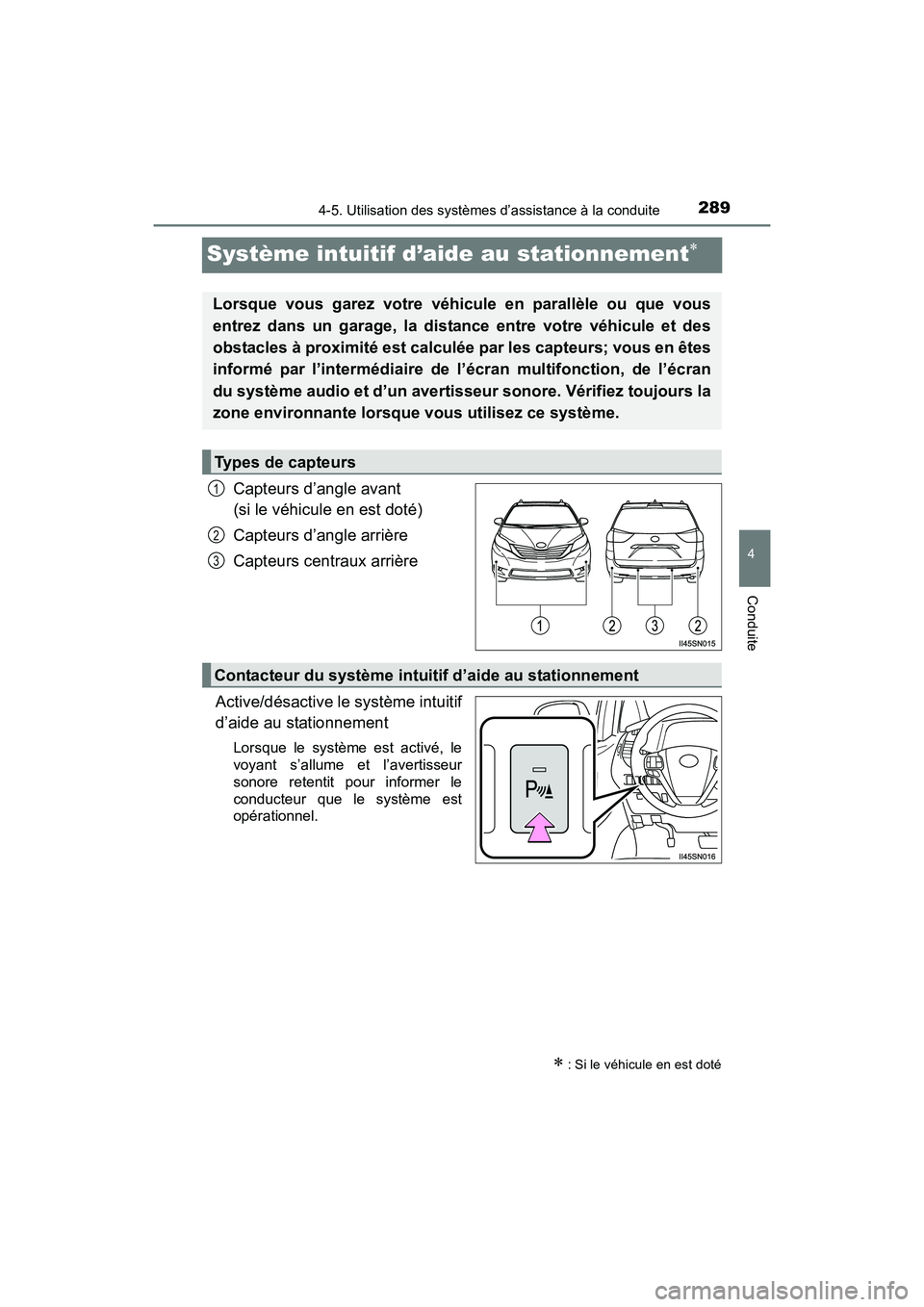 TOYOTA SIENNA 2017 Manuel du propriétaire (in French) 289
SIENNA_OM_OM08007D_(D)
4-5. Utilisation des systèmes d’assistance à la conduite
4
Conduite
Système intuitif d’aide au stationnement∗
Capteurs d’angle avant
(si le véhicule en est dot TOYOTA SIENNA 2017 Manuel du propriétaire (in French) 289
SIENNA_OM_OM08007D_(D)
4-5. Utilisation des systèmes d’assistance à la conduite
4
Conduite
Système intuitif d’aide au stationnement∗
Capteurs d’angle avant
(si le véhicule en est dot