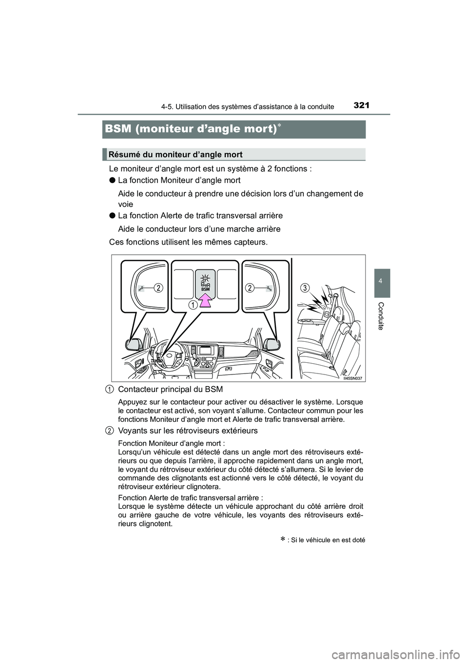 TOYOTA SIENNA 2017 Manuel du propriétaire (in French) 321
SIENNA_OM_OM08007D_(D)
4-5. Utilisation des systèmes d’assistance à la conduite
4
Conduite
BSM (moniteur d’angle mort)∗
Le moniteur d’angle mort est un système à 2 fonctions :
●La fo TOYOTA SIENNA 2017 Manuel du propriétaire (in French) 321
SIENNA_OM_OM08007D_(D)
4-5. Utilisation des systèmes d’assistance à la conduite
4
Conduite
BSM (moniteur d’angle mort)∗
Le moniteur d’angle mort est un système à 2 fonctions :
●La fo