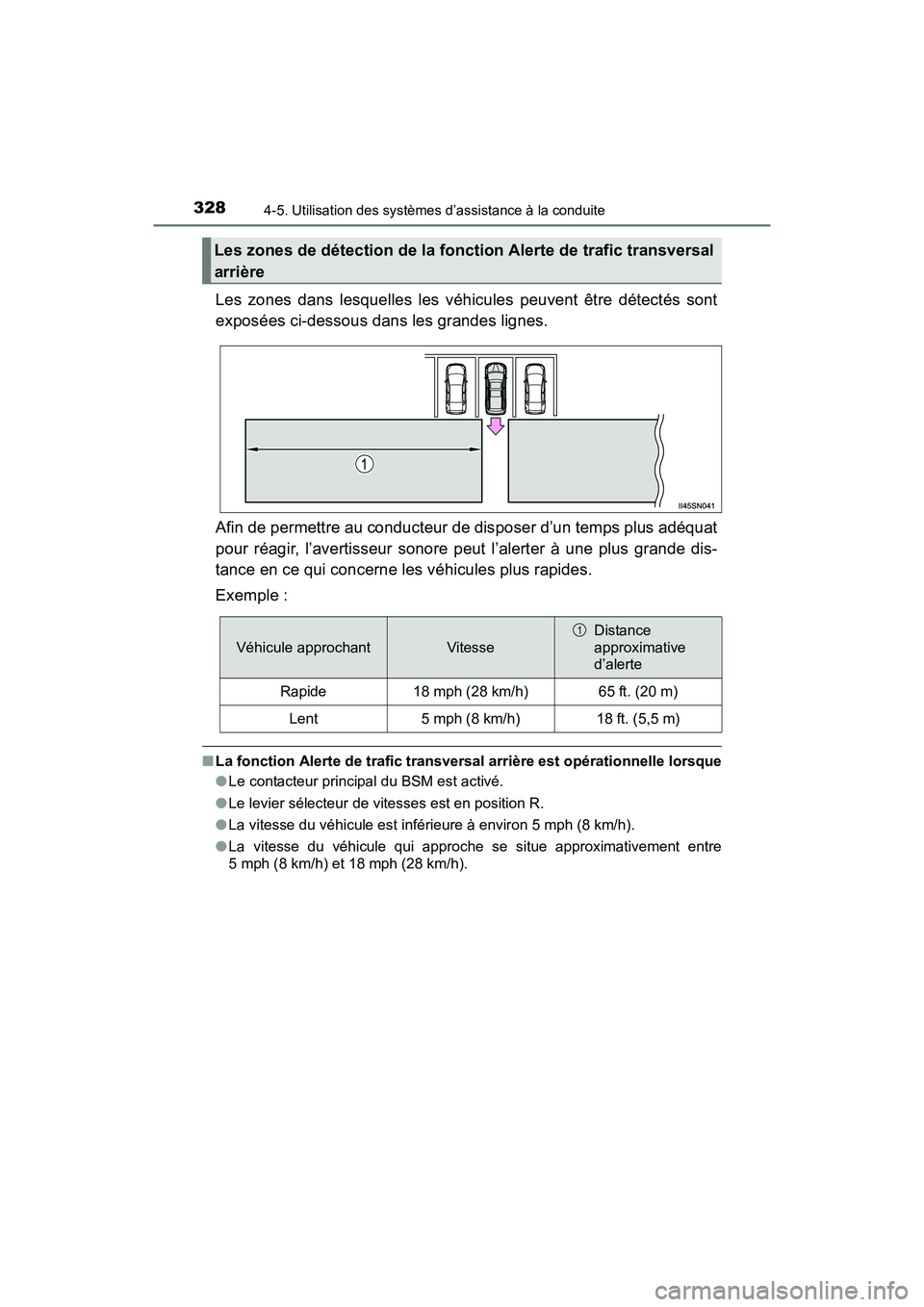 TOYOTA SIENNA 2017 Manuel du propriétaire (in French) 328
SIENNA_OM_OM08007D_(D)
4-5. Utilisation des systèmes d’assistance à la conduite
Les zones dans lesquelles les véhicules peuvent être détectés sont
exposées ci-dessous dans les grandes lig TOYOTA SIENNA 2017 Manuel du propriétaire (in French) 328
SIENNA_OM_OM08007D_(D)
4-5. Utilisation des systèmes d’assistance à la conduite
Les zones dans lesquelles les véhicules peuvent être détectés sont
exposées ci-dessous dans les grandes lig