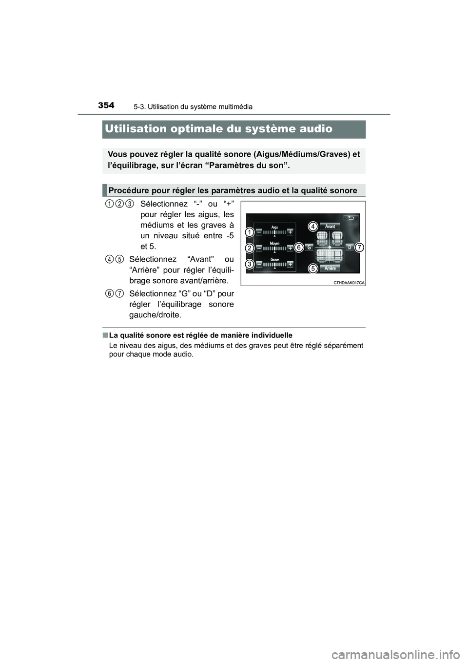 TOYOTA SIENNA 2017  Manuel du propriétaire (in French) 354
SIENNA_OM_OM08007D_(D)
5-3. Utilisation du système multimédia
Utilisation optimale du système audio
Sélectionnez “-” ou “+”
pour régler les aigus, les
médiums et les graves à
un niv TOYOTA SIENNA 2017  Manuel du propriétaire (in French) 354
SIENNA_OM_OM08007D_(D)
5-3. Utilisation du système multimédia
Utilisation optimale du système audio
Sélectionnez “-” ou “+”
pour régler les aigus, les
médiums et les graves à
un niv