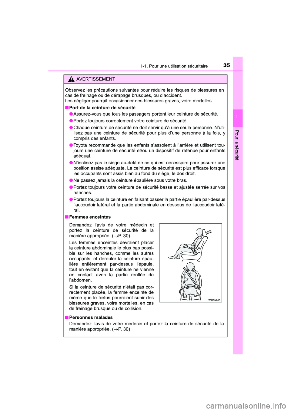 TOYOTA SIENNA 2017 Manuel du propriétaire (in French) 351-1. Pour une utilisation sécuritaire
SIENNA_OM_OM08007D_(D)
1
Pour la sécurité
AVERTISSEMENT
Observez les précautions suivantes pour réduire les risques de blessures en
cas de freinage ou de d TOYOTA SIENNA 2017 Manuel du propriétaire (in French) 351-1. Pour une utilisation sécuritaire
SIENNA_OM_OM08007D_(D)
1
Pour la sécurité
AVERTISSEMENT
Observez les précautions suivantes pour réduire les risques de blessures en
cas de freinage ou de d
