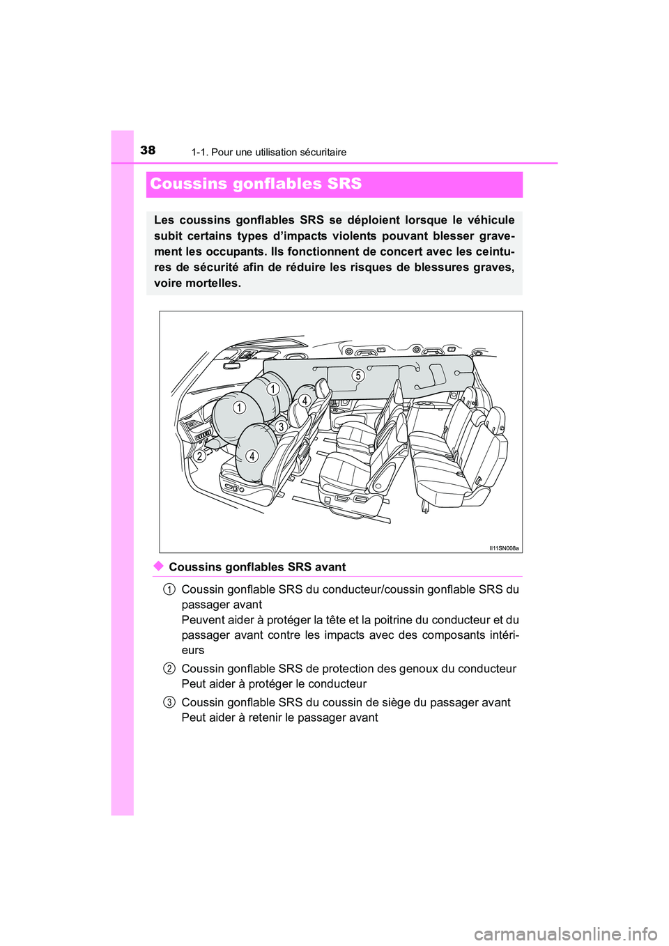 TOYOTA SIENNA 2017 Manuel du propriétaire (in French) 381-1. Pour une utilisation sécuritaire
SIENNA_OM_OM08007D_(D)
Coussins gonflables SRS
◆Coussins gonflables SRS avantCoussin gonflable SRS du conducteur/coussin gonflable SRS du
passager avant
Peu TOYOTA SIENNA 2017 Manuel du propriétaire (in French) 381-1. Pour une utilisation sécuritaire
SIENNA_OM_OM08007D_(D)
Coussins gonflables SRS
◆Coussins gonflables SRS avantCoussin gonflable SRS du conducteur/coussin gonflable SRS du
passager avant
Peu