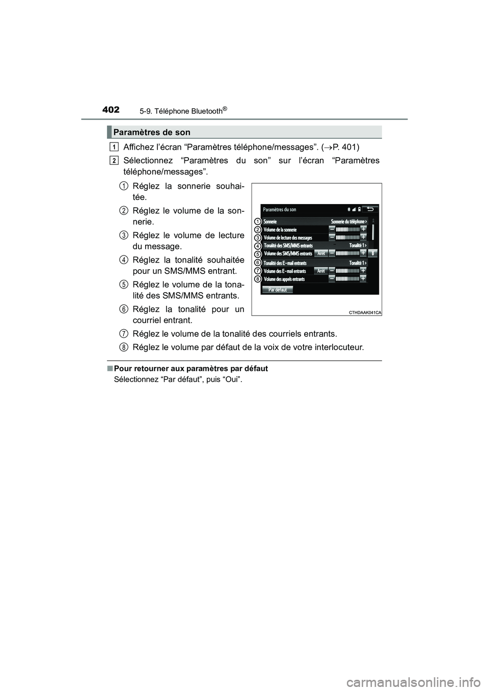 TOYOTA SIENNA 2017 Manuel du propriétaire (in French) 4025-9. Téléphone Bluetooth®
SIENNA_OM_OM08007D_(D)
Affichez l’écran “Paramètres téléphone/messages”. (→P. 401)
Sélectionnez “Paramètres du son” sur l’écran “Paramètres
tél TOYOTA SIENNA 2017 Manuel du propriétaire (in French) 4025-9. Téléphone Bluetooth®
SIENNA_OM_OM08007D_(D)
Affichez l’écran “Paramètres téléphone/messages”. (→P. 401)
Sélectionnez “Paramètres du son” sur l’écran “Paramètres
tél