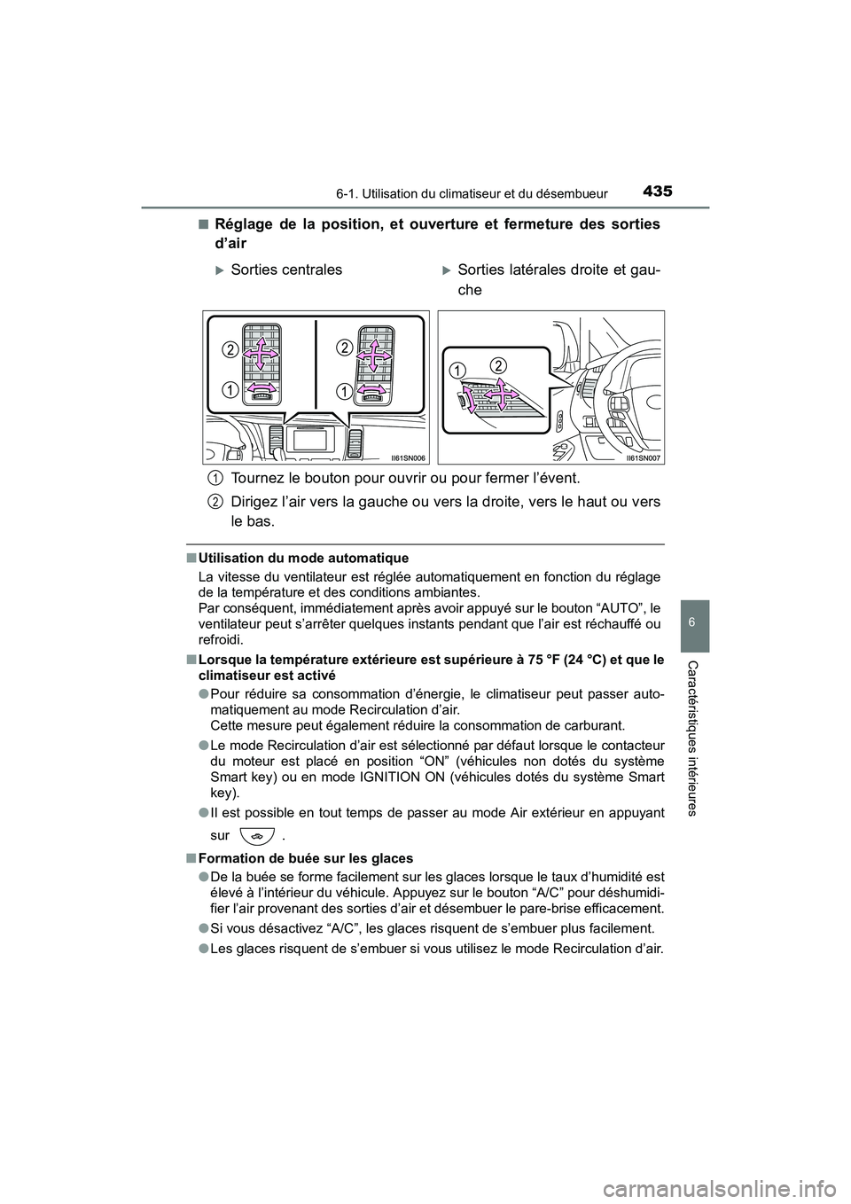 TOYOTA SIENNA 2017  Manuel du propriétaire (in French) SIENNA_OM_OM08007D_(D)
4356-1. Utilisation du climatiseur et du désembueur
6
Caractéristiques intérieures
■Réglage de la position, et ouverture et fermeture des sorties
d’airTournez le bouton 