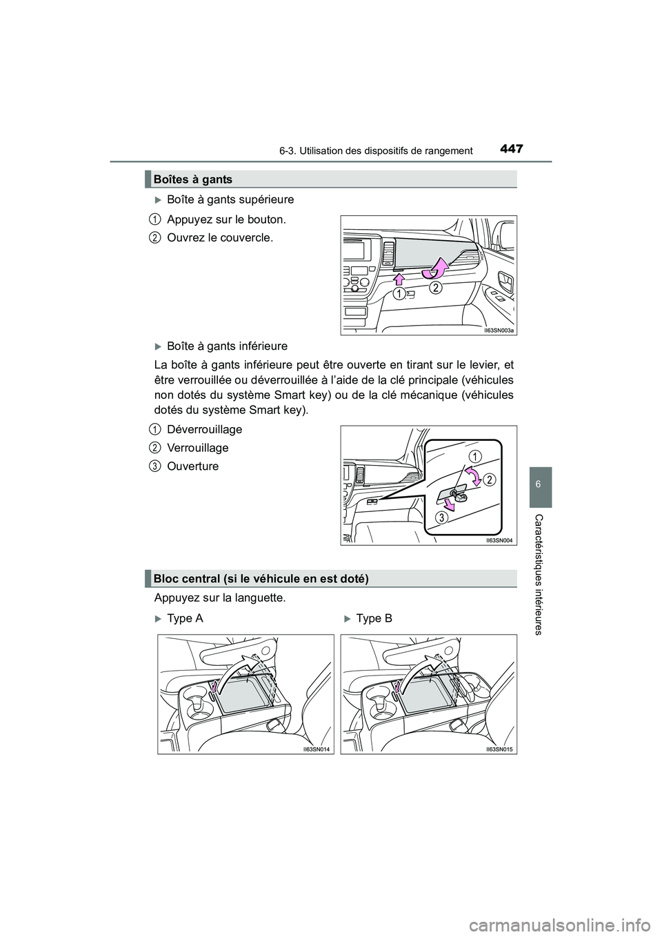 TOYOTA SIENNA 2017  Manuel du propriétaire (in French) SIENNA_OM_OM08007D_(D)
4476-3. Utilisation des dispositifs de rangement
6
Caractéristiques intérieures
�XBoîte à gants supérieure
Appuyez sur le bouton.
Ouvrez le couvercle.
�XBoîte à gants inf