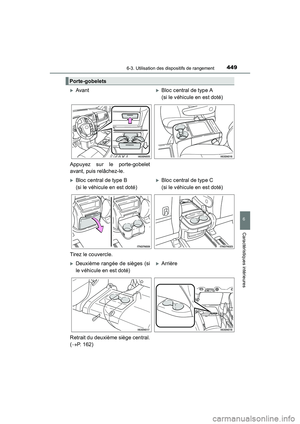 TOYOTA SIENNA 2017  Manuel du propriétaire (in French) SIENNA_OM_OM08007D_(D)
4496-3. Utilisation des dispositifs de rangement
6
Caractéristiques intérieures
Porte-gobelets
�XAvant�XBloc central de type A 
(si le véhicule en est doté)
Appuyez sur le p