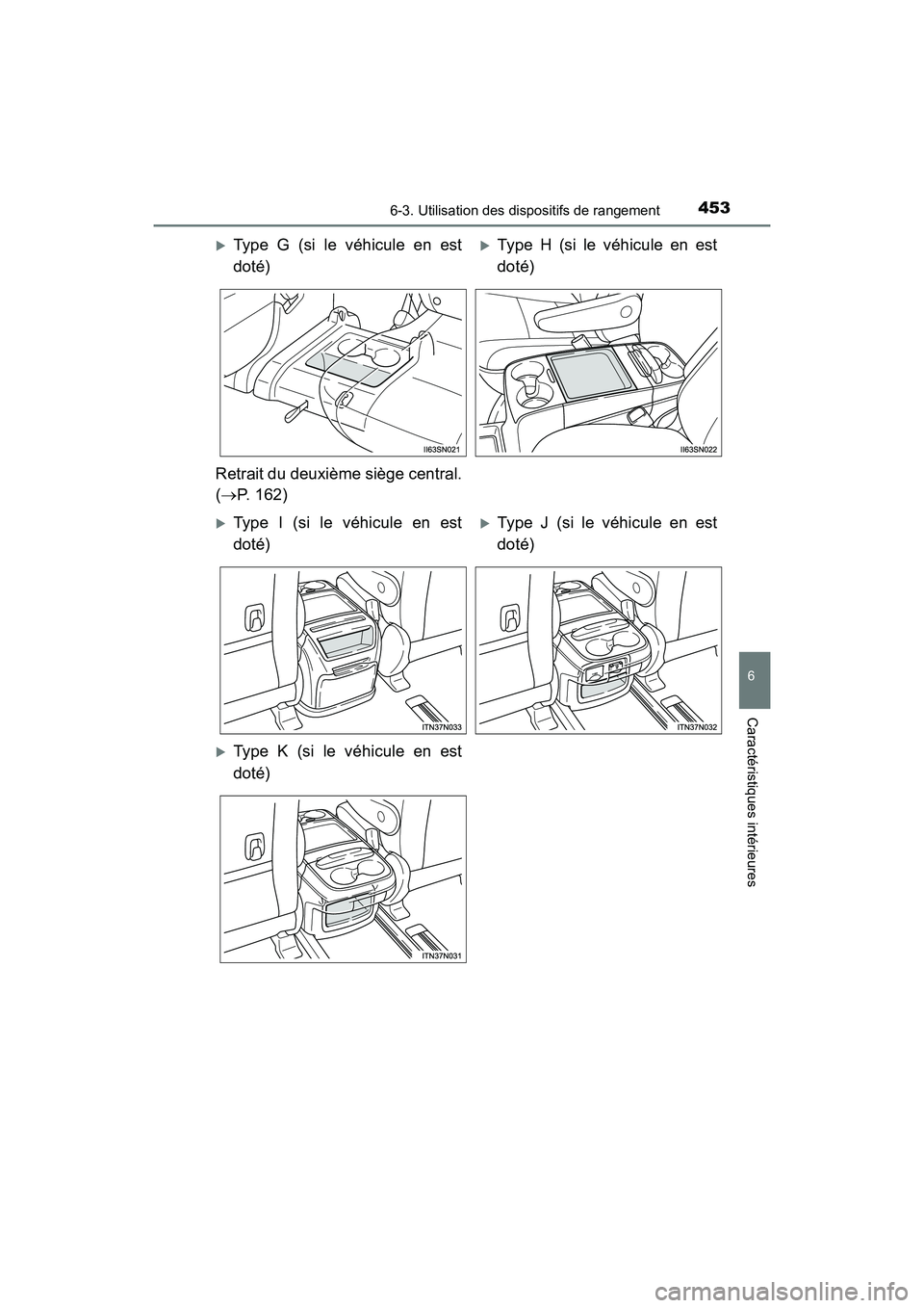 TOYOTA SIENNA 2017  Manuel du propriétaire (in French) SIENNA_OM_OM08007D_(D)
4536-3. Utilisation des dispositifs de rangement
6
Caractéristiques intérieures
�XType G (si le véhicule en est
doté)�XType H (si le véhicule en est
doté)
Retrait du deuxi