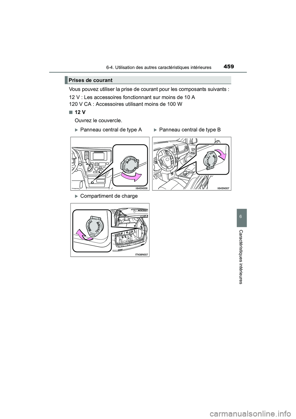 TOYOTA SIENNA 2017  Manuel du propriétaire (in French) SIENNA_OM_OM08007D_(D)
4596-4. Utilisation des autres caractéristiques intérieures
6
Caractéristiques intérieures
Vous pouvez utiliser la prise de courant pour les composants suivants :
12 V : Les