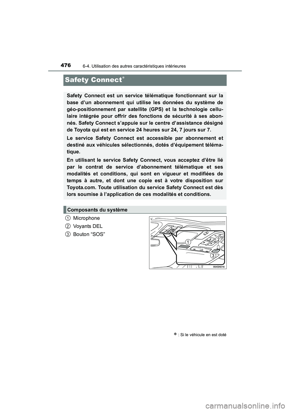 TOYOTA SIENNA 2017  Manuel du propriétaire (in French) 476
SIENNA_OM_OM08007D_(D)
6-4. Utilisation des autres caractéristiques intérieures
Safety Connect∗
Microphone
Voyants DEL
Bouton “SOS”
∗ : Si le véhicule en est doté
Safety Connect est un