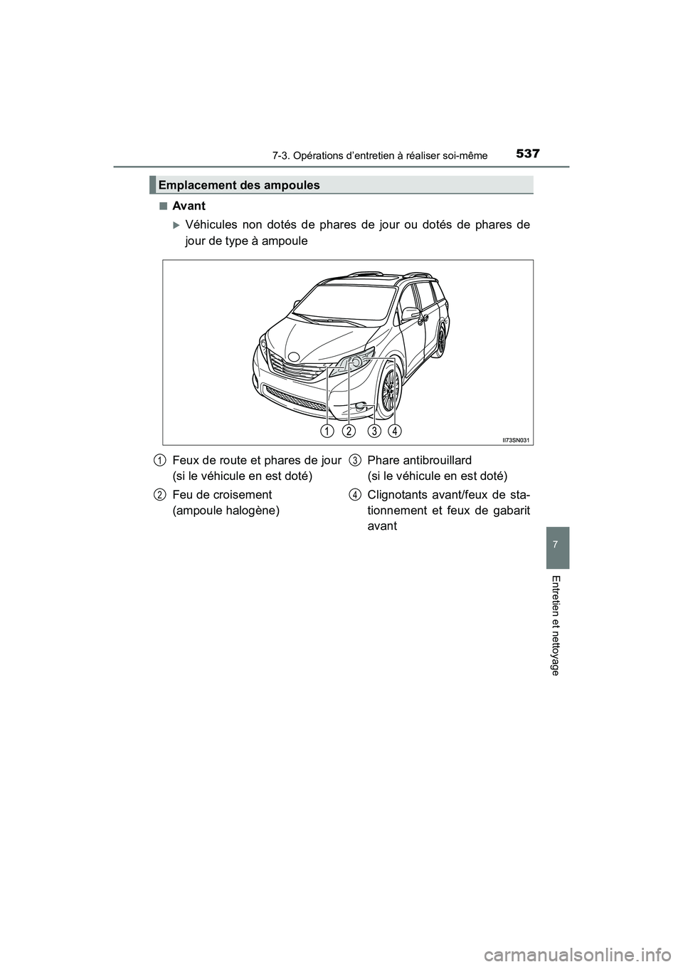 TOYOTA SIENNA 2017  Manuel du propriétaire (in French) SIENNA_OM_OM08007D_(D)
5377-3. Opérations d’entretien à réaliser soi-même
7
Entretien et nettoyage
■Avant
�XVéhicules non dotés de phares de jour ou dotés de phares de
jour de type à ampou