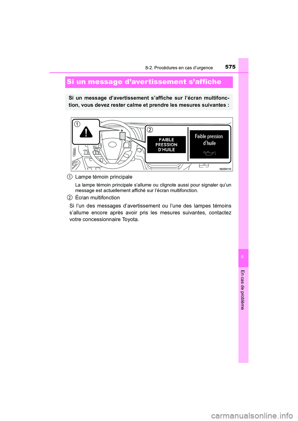 TOYOTA SIENNA 2017  Manuel du propriétaire (in French) 575
SIENNA_OM_OM08007D_(D)
8
En cas de problème
8-2. Procédures en cas d’urgence
Si un message d’aver tissement s’affiche
Lampe témoin principale
La lampe témoin principale s’allume ou cli