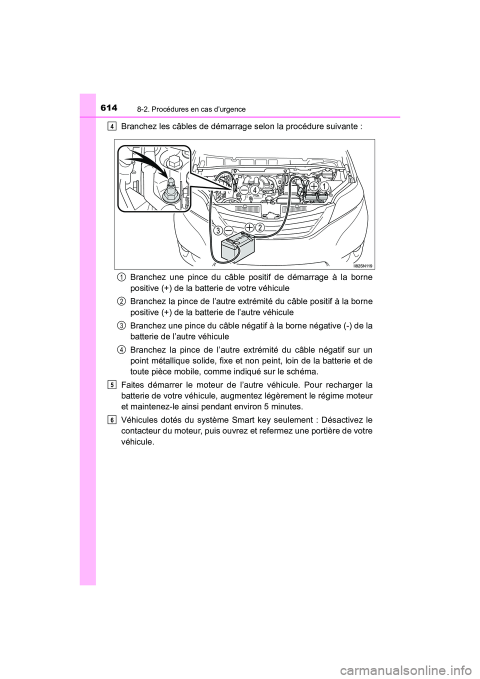 TOYOTA SIENNA 2017 Manuel du propriétaire (in French) 6148-2. Procédures en cas d’urgence
SIENNA_OM_OM08007D_(D)
Branchez les câbles de démarrage selon la procédure suivante :Branchez une pince du câble positif de démarrage à la borne
positive ( TOYOTA SIENNA 2017 Manuel du propriétaire (in French) 6148-2. Procédures en cas d’urgence
SIENNA_OM_OM08007D_(D)
Branchez les câbles de démarrage selon la procédure suivante :Branchez une pince du câble positif de démarrage à la borne
positive (