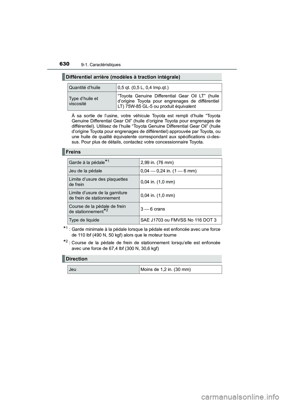 TOYOTA SIENNA 2017  Manuel du propriétaire (in French) 630
SIENNA_OM_OM08007D_(D)
9-1. Caractéristiques
À sa sortie de l’usine, votre véhicule Toyota est rempli d’huile “Toyota
Genuine Differential Gear Oil” (huile d’origine Toyota pour engre