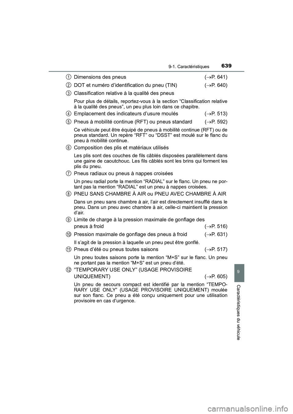 TOYOTA SIENNA 2017 Manuel du propriétaire (in French) SIENNA_OM_OM08007D_(D)
6399-1. Caractéristiques
9
Caractéristiques du véhicule
Dimensions des pneus (→P. 641)
DOT et numéro d’identification du pneu (TIN) ( →P. 640)
Classification relative TOYOTA SIENNA 2017 Manuel du propriétaire (in French) SIENNA_OM_OM08007D_(D)
6399-1. Caractéristiques
9
Caractéristiques du véhicule
Dimensions des pneus (→P. 641)
DOT et numéro d’identification du pneu (TIN) ( →P. 640)
Classification relative