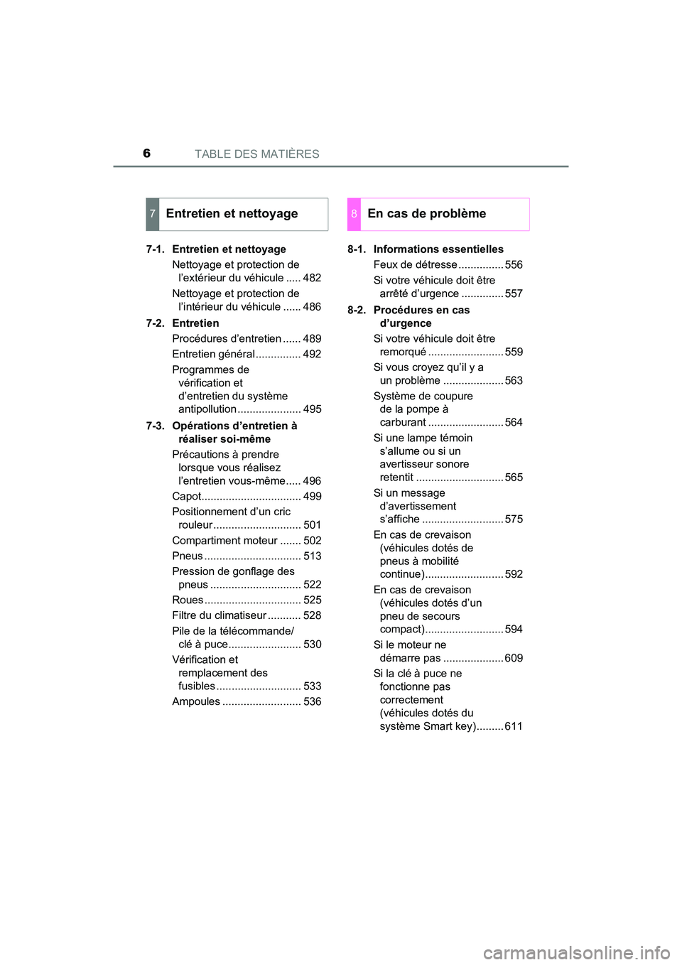 TOYOTA SIENNA 2017  Manuel du propriétaire (in French) TABLE DES MATIÈRES6
SIENNA_OM_OM08007D_(D)7-1. Entretien et nettoyage
Nettoyage et protection de l’extérieur du véhicule ..... 482
Nettoyage et protection de  l’intérieur du véhicule ...... 4