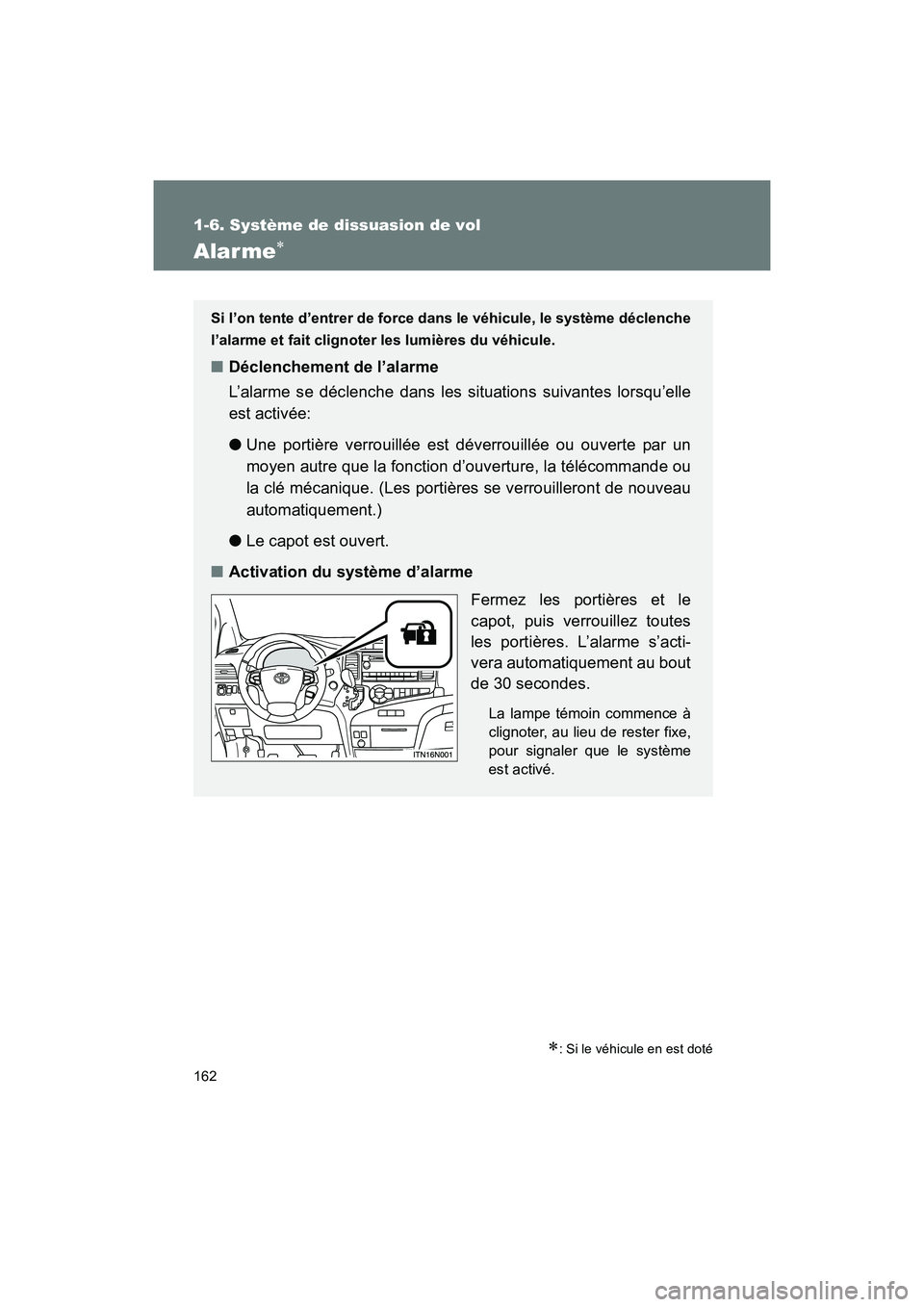 TOYOTA SIENNA 2012 Manuel du propriétaire (in French) 162
1-6. Système de dissuasion de vol
SIENNA_D (OM45467D)
Alarme∗
∗: Si le véhicule en est doté
Si l’on tente d’entrer de force dans le véhicule, le système déclenche
l’alarme et fait TOYOTA SIENNA 2012 Manuel du propriétaire (in French) 162
1-6. Système de dissuasion de vol
SIENNA_D (OM45467D)
Alarme∗
∗: Si le véhicule en est doté
Si l’on tente d’entrer de force dans le véhicule, le système déclenche
l’alarme et fait