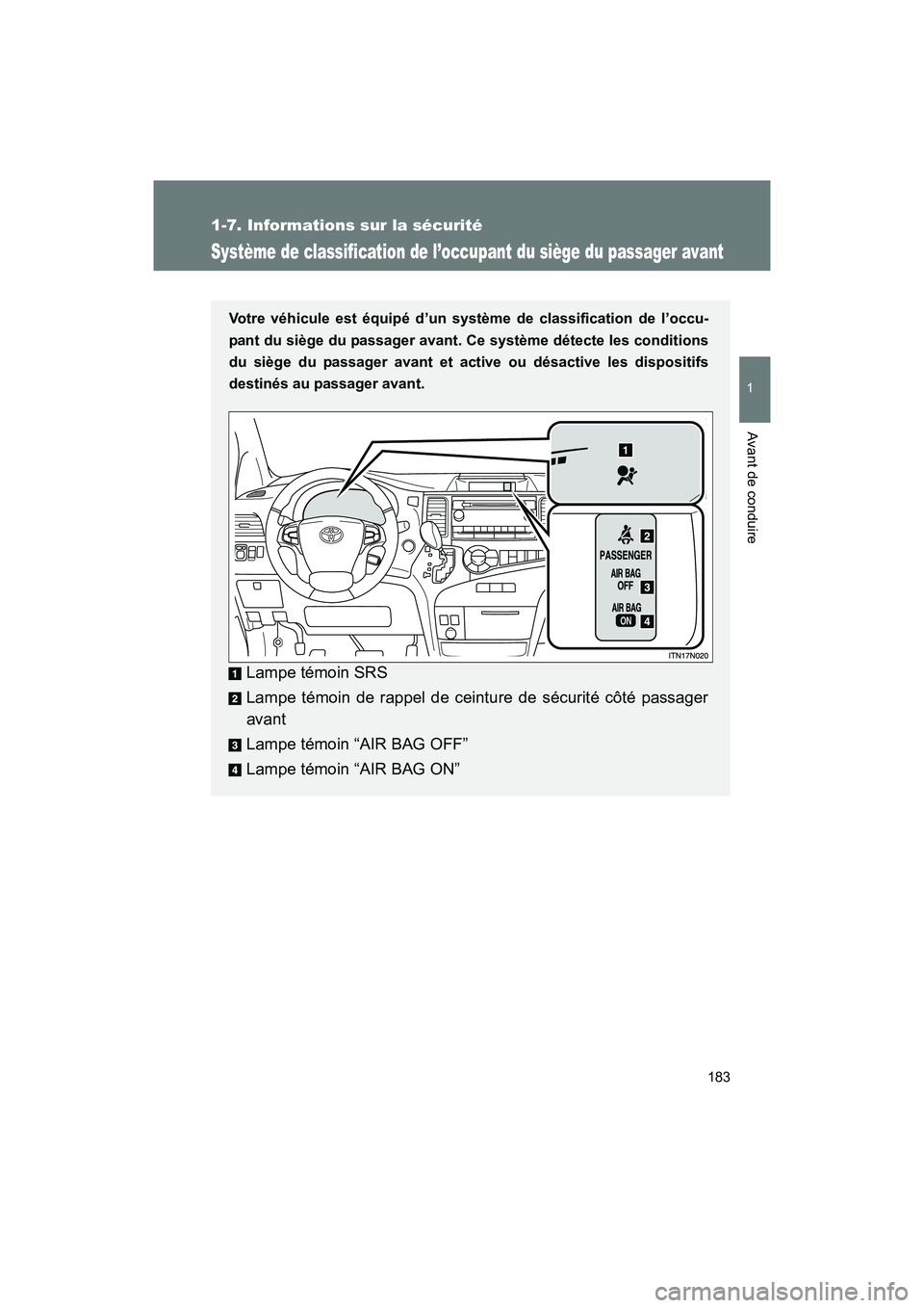 TOYOTA SIENNA 2012 Manuel du propriétaire (in French) 183
1
1-7. Informations sur la sécurité
Avant de conduire
SIENNA_D (OM45467D)
Système de classification de l’occupant du siège du passager avant
Votre véhicule est équipé d’un système de c TOYOTA SIENNA 2012 Manuel du propriétaire (in French) 183
1
1-7. Informations sur la sécurité
Avant de conduire
SIENNA_D (OM45467D)
Système de classification de l’occupant du siège du passager avant
Votre véhicule est équipé d’un système de c