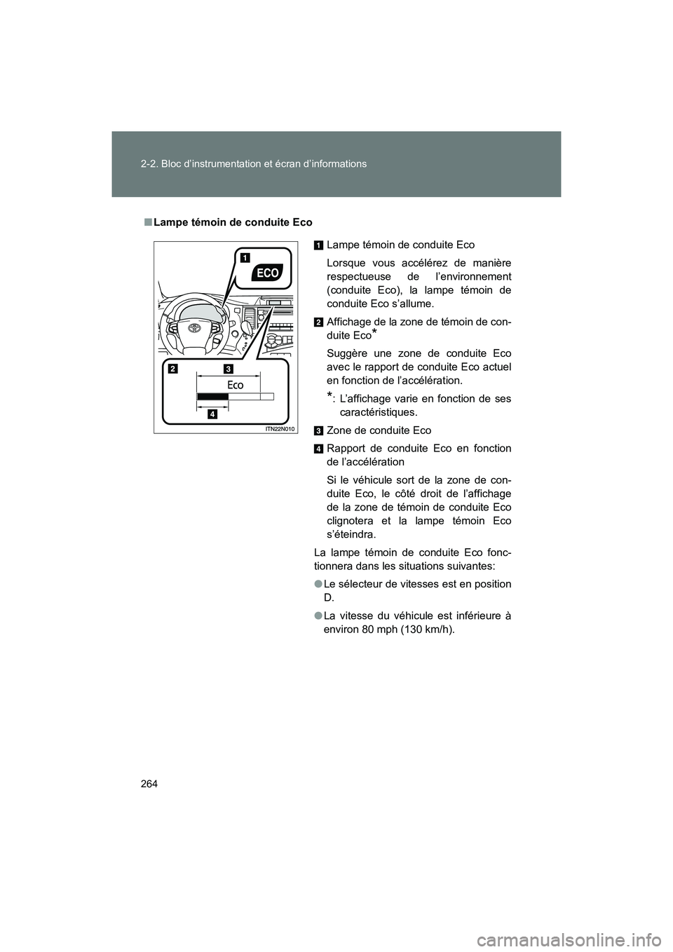 TOYOTA SIENNA 2012 Manuel du propriétaire (in French) 264 2-2. Bloc d’instrumentation et écran d’informations
SIENNA_D (OM45467D)
■Lampe témoin de conduite Eco
Lampe témoin de conduite Eco
Lorsque vous accélérez de manière
respectueuse de l TOYOTA SIENNA 2012 Manuel du propriétaire (in French) 264 2-2. Bloc d’instrumentation et écran d’informations
SIENNA_D (OM45467D)
■Lampe témoin de conduite Eco
Lampe témoin de conduite Eco
Lorsque vous accélérez de manière
respectueuse de l