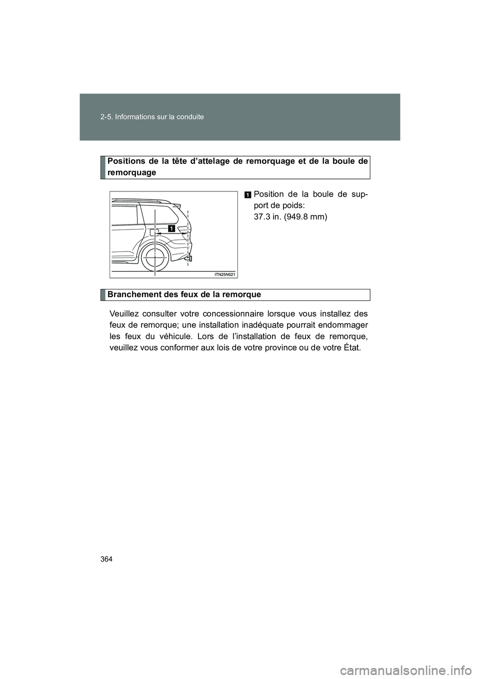 TOYOTA SIENNA 2012 Manuel du propriétaire (in French) 364 2-5. Informations sur la conduite
SIENNA_D (OM45467D)
Positions de la tête d’attelage de remorquage et de la boule de
remorquagePosition de la boule de sup-
port de poids:
37.3 in. (949.8 mm)
TOYOTA SIENNA 2012 Manuel du propriétaire (in French) 364 2-5. Informations sur la conduite
SIENNA_D (OM45467D)
Positions de la tête d’attelage de remorquage et de la boule de
remorquagePosition de la boule de sup-
port de poids:
37.3 in. (949.8 mm)