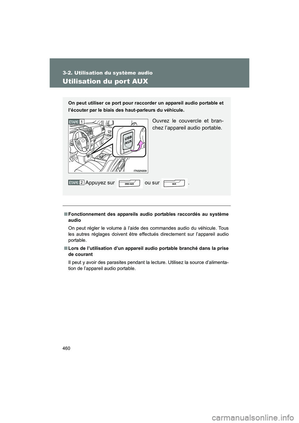 TOYOTA SIENNA 2012 Manuel du propriétaire (in French) 460
3-2. Utilisation du système audio
SIENNA_D (OM45467D)
Utilisation du por t AUX
■Fonctionnement des appareils audio portables raccordés au système
audio
On peut régler le volume à l’aide d TOYOTA SIENNA 2012 Manuel du propriétaire (in French) 460
3-2. Utilisation du système audio
SIENNA_D (OM45467D)
Utilisation du por t AUX
■Fonctionnement des appareils audio portables raccordés au système
audio
On peut régler le volume à l’aide d