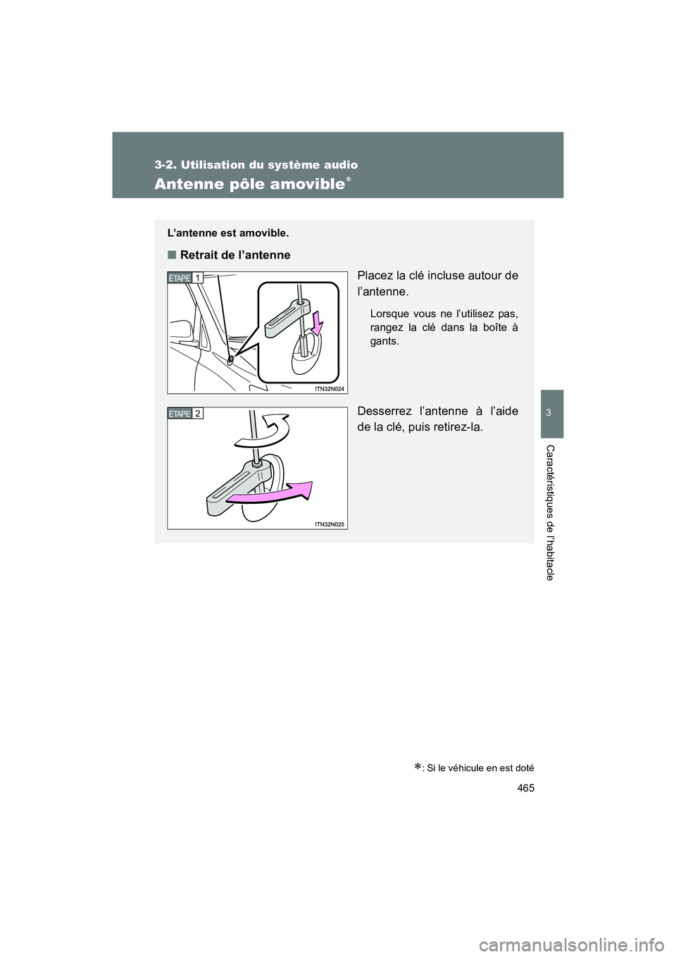 TOYOTA SIENNA 2012 Manuel du propriétaire (in French) 465
3-2. Utilisation du système audio
3
SIENNA_D (OM45467D)
Caractéristiques de l’habitacle
Antenne pôle amovible∗
∗: Si le véhicule en est doté
L’antenne est amovible.
■Retrait de l’ TOYOTA SIENNA 2012 Manuel du propriétaire (in French) 465
3-2. Utilisation du système audio
3
SIENNA_D (OM45467D)
Caractéristiques de l’habitacle
Antenne pôle amovible∗
∗: Si le véhicule en est doté
L’antenne est amovible.
■Retrait de l’