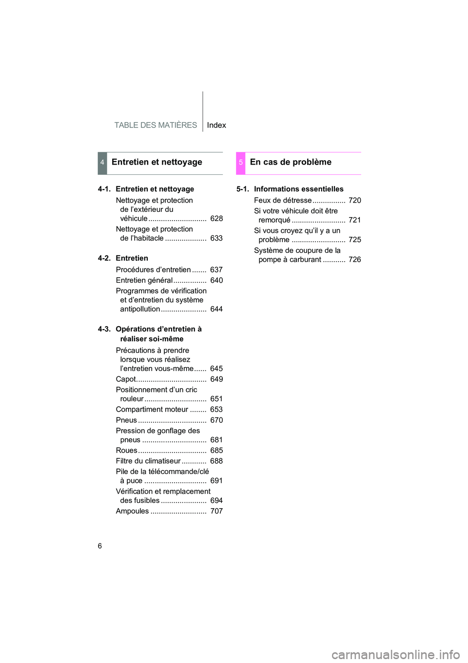TOYOTA SIENNA 2012 Manuel du propriétaire (in French) TABLE DES MATIÈRESIndex
SIENNA_D (OM45467D)
6
4-1. Entretien et nettoyageNettoyage et protection de l’extérieur du
véhicule ............................ 628
Nettoyage et protection de l’habi TOYOTA SIENNA 2012 Manuel du propriétaire (in French) TABLE DES MATIÈRESIndex
SIENNA_D (OM45467D)
6
4-1. Entretien et nettoyageNettoyage et protection de l’extérieur du
véhicule ............................ 628
Nettoyage et protection de l’habi