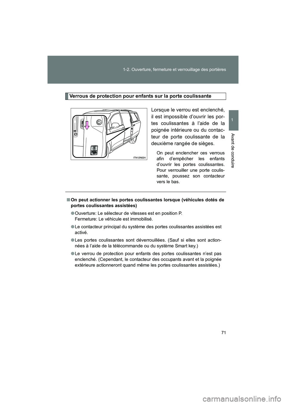 TOYOTA SIENNA 2012  Manuel du propriétaire (in French) 71
1-2. Ouverture, fermeture et verrouillage des portières
1
Avant de conduire
SIENNA_D (OM45467D)
Verrous de protection pour enfants sur la porte coulissante
Lorsque le verrou est enclenché,
il est