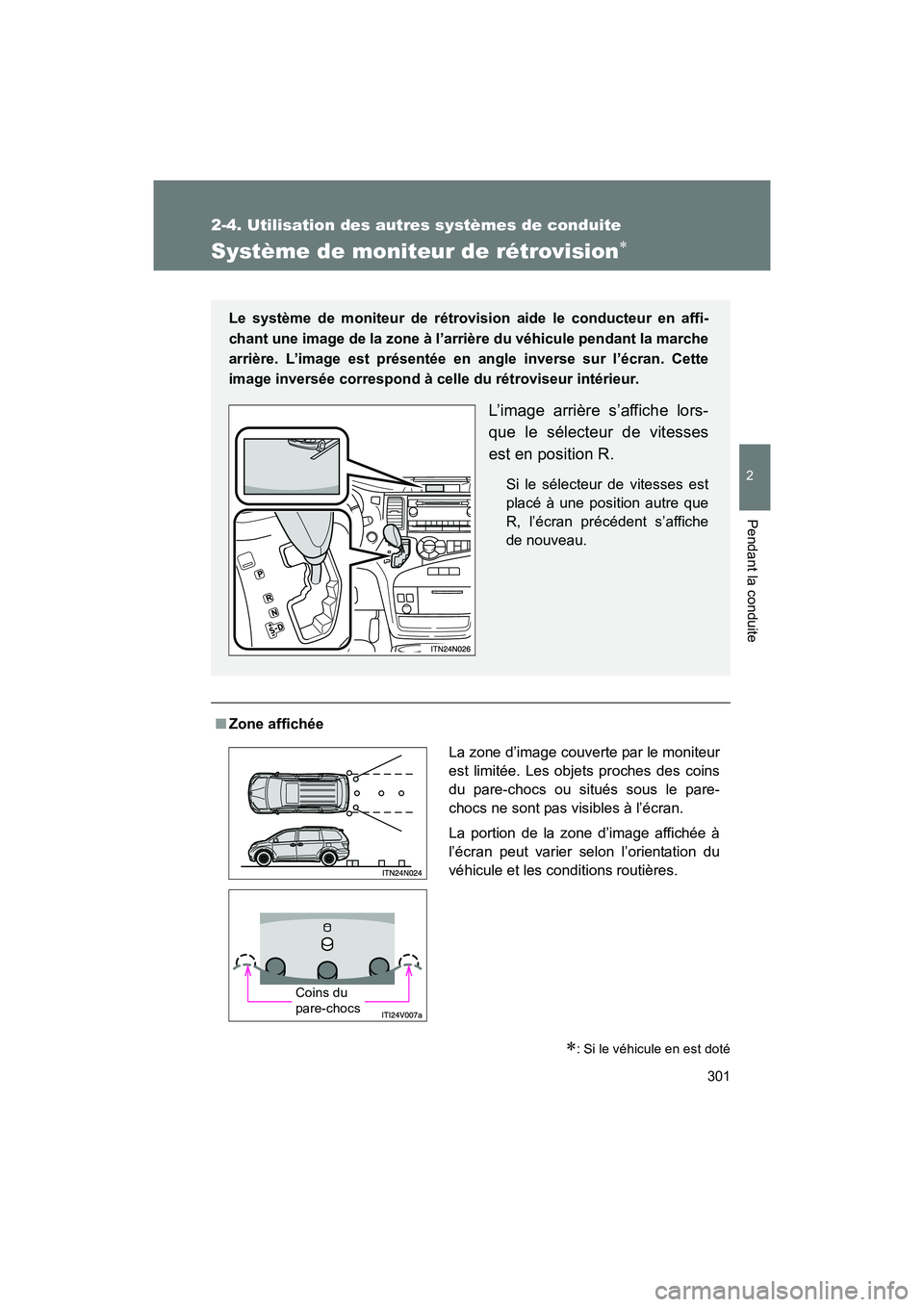 TOYOTA SIENNA 2011 Manuel du propriétaire (in French) 301
2-4. Utilisation des autres systèmes de conduite
2
Pendant la conduite
SIENNA_D (OM45466D)
Système de moniteur de rétrovision∗
∗: Si le véhicule en est doté
■Zone affichée Le système TOYOTA SIENNA 2011 Manuel du propriétaire (in French) 301
2-4. Utilisation des autres systèmes de conduite
2
Pendant la conduite
SIENNA_D (OM45466D)
Système de moniteur de rétrovision∗
∗: Si le véhicule en est doté
■Zone affichée Le système