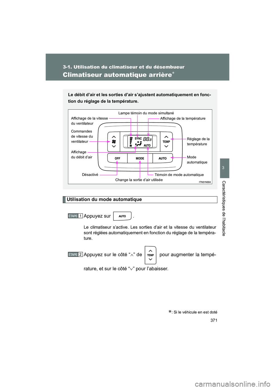 TOYOTA SIENNA 2011  Manuel du propriétaire (in French) 371
3-1. Utilisation du climatiseur et du désembueur
3
SIENNA_D (OM45466D)
Caractéristiques de l’habitacle
Climatiseur automatique arrière∗
Utilisation du mode automatiqueAppuyez sur  .
Le clim