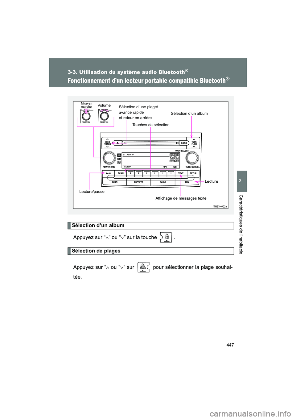 TOYOTA SIENNA 2011 Manuel du propriétaire (in French) 447
3-3. Utilisation du système audio Bluetooth®
3
Caractéristiques de l’habitacle
SIENNA_D (OM45466D)
Fonctionnement d’un lecteur portable compatible Bluetooth®
Sélection d’un albumAppuyez TOYOTA SIENNA 2011 Manuel du propriétaire (in French) 447
3-3. Utilisation du système audio Bluetooth®
3
Caractéristiques de l’habitacle
SIENNA_D (OM45466D)
Fonctionnement d’un lecteur portable compatible Bluetooth®
Sélection d’un albumAppuyez